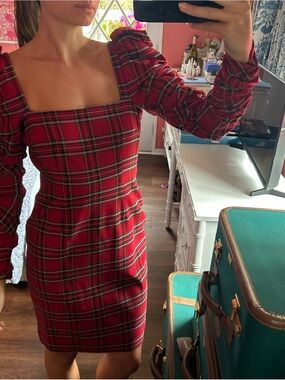 ANTONIO MELANI Red Plaid Square-Neck Mini Dress